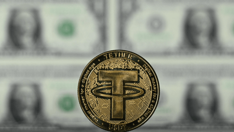 Tether coin with U.S. dollars behind it.